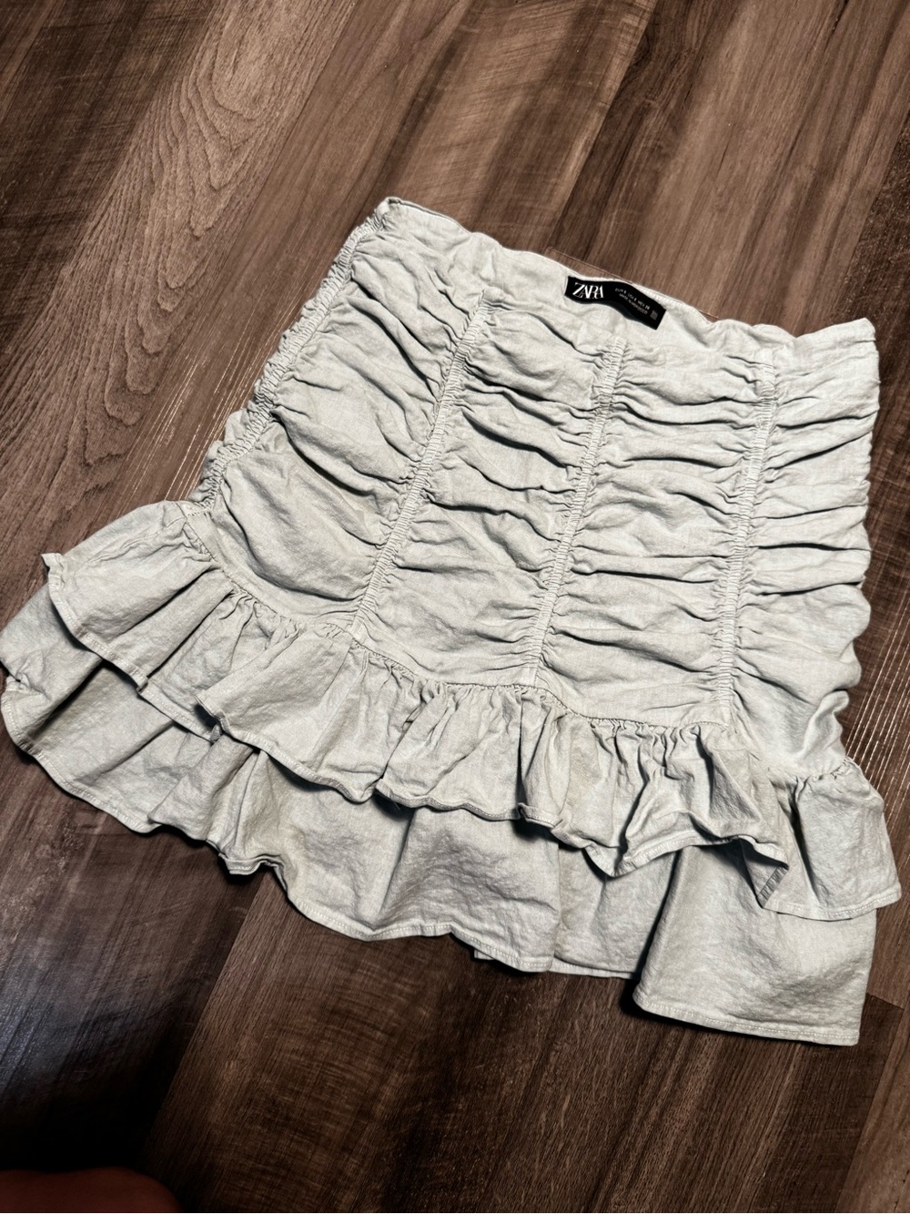 Zara Light Green Ruched Ruffle Mini Skirt